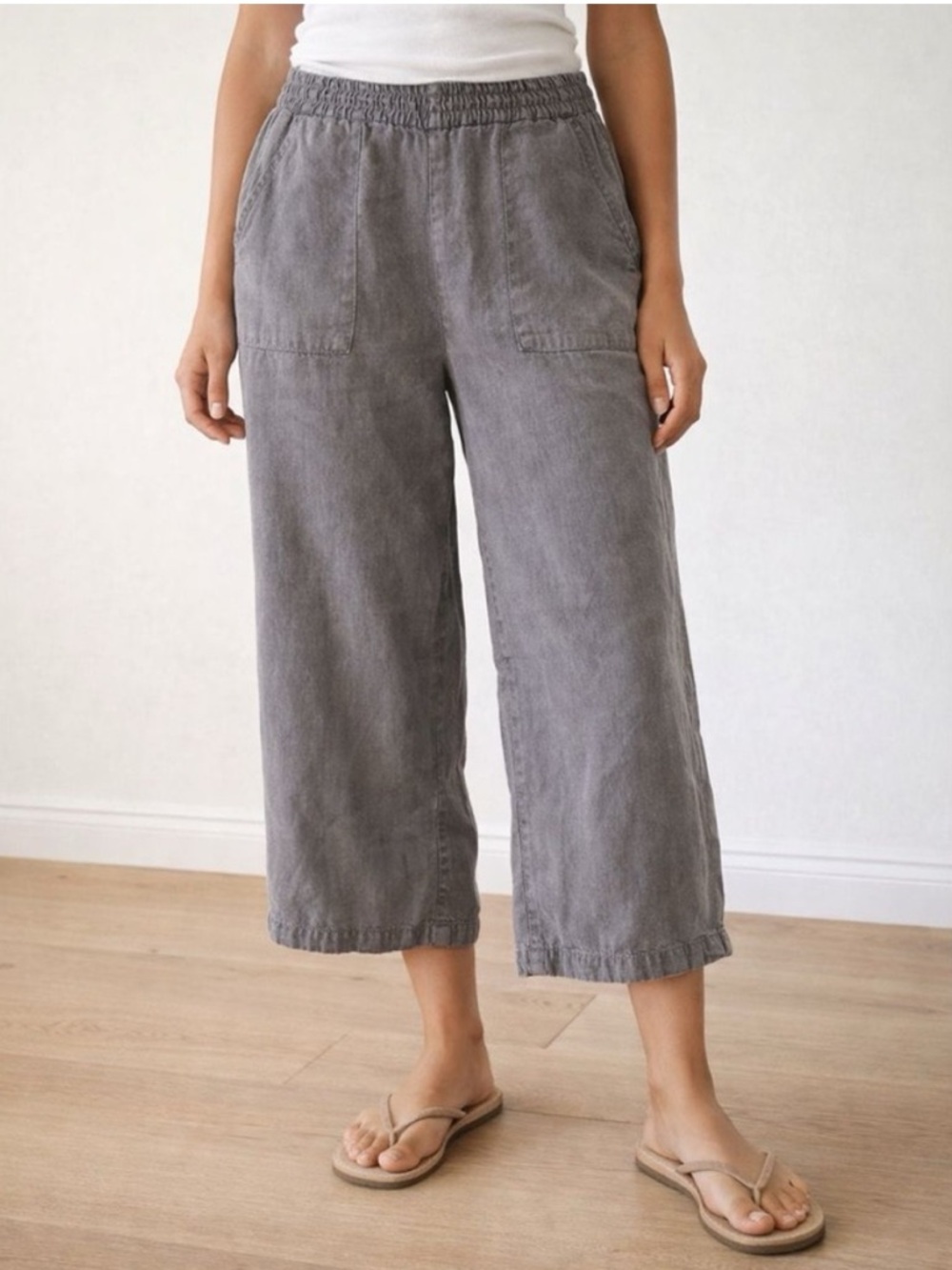 Joie Linen Woven Waistband Wide-Leg Pants in Charcoal Gray - Pockets - XL